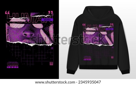 Art design of urban and retro-futuristic fusion, black hoodie and template. 'Human being' message in vibrant tones, with pixelated illustration in violet. Capture the essence of the human and futurist Royalty-Free Stock Photo #2345935047