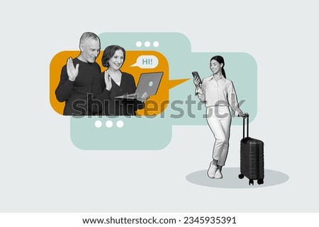 Collage picture advert international travel abroad woman video call message online greeting old parents isolated on white background