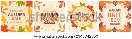 Autumn sale banner, background template design. Collection of hand drawn fall templates for social media, cards, invitations, advertising, web.  Sale, discount, shop now. Royalty-Free Stock Photo #2345942359