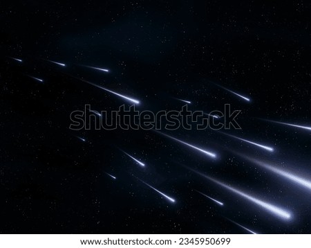 Spectacular meteor shower. Night sky with many falling stars. Meteorites in the starry sky. Fireballs in the atmosphere.