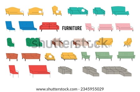 Home Furniture. Chairs, sofas, armchairs. Vector illustration in flat style isolated on white background. cozy chair couch ottoman armchair sofa with cushions home apartment. Hand drawn
