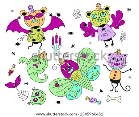 Halloween clip art. Pumpkin head animals for stickers collection. Bat and butterfly withmonster faces