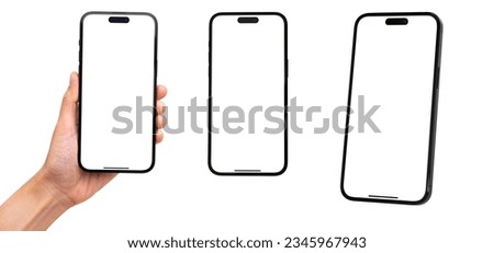 Hand holding smart phone Mockup and screen Transparent and Clipping Path isolated for Infographic Business web site design app Royalty-Free Stock Photo #2345967943