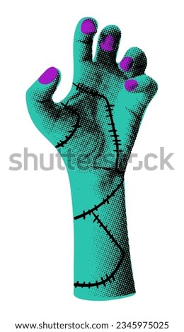 Green zombie hand Halloween clip art. Halftone collage object for mixed media design. Dead monster hand with stitches grabbing. Vector illustration isolated on transparent background