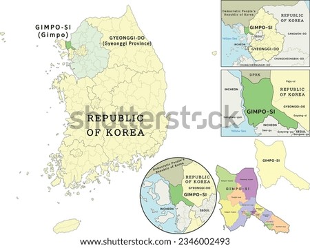 Gimpo-si (Gimpo) location on Gyeonggi-do (Gyeonggi Province) and Republic of Korea (South Korea) map. Clored. Vectored Royalty-Free Stock Photo #2346002493