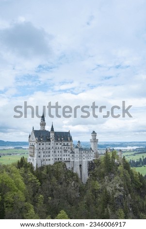 Neuschwanstein castleview from Marienbruecke.
Germany.Bavaria. Fairytale Castle in Bavarian Alps mountains. New Swanstone Castle. Picturesque landscape.