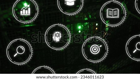 Image of multiple digital icons against close up of a computer server. Computer interface and business data storage technology concept