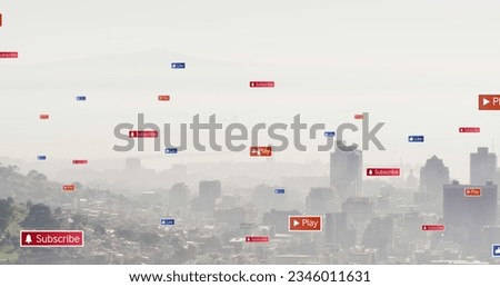 Image of multiple social media icons floating against aerial view of cityscape. Social media networking and business technology concept