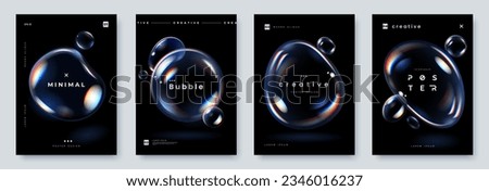 Glowing soap bubbles on black background. Creative poster set with realistic iridescent bubble of different shapes and place for text. A4 size. Vector illustration