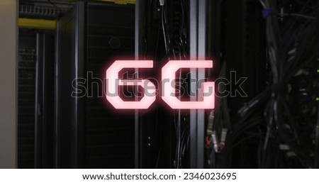 Image of 6g text banner against empty computer server room. Global networking and business data storage technology concept