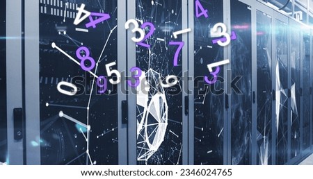 Image of changing numbers, connections, net and lights over servers. data processing, programming and technology concept digitally generated image.