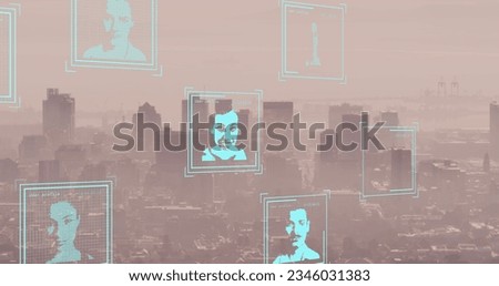 Image of biometric photos and data processing over cityscape. Global business, finance, networks, computing and data processing concept digitally generated image.
