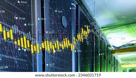 Image of data processing against computer server room. Computer interface and business data storage technology concept