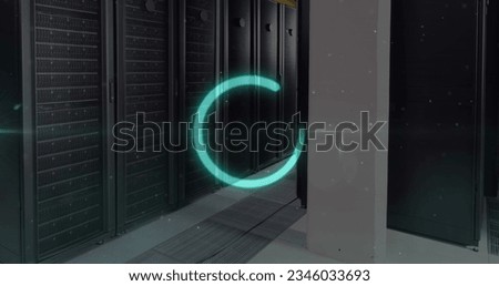 Image of loading circle and spots over server room. Global business and digital interface concept digitally generated image. Royalty-Free Stock Photo #2346033693