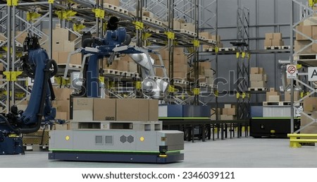Image of robots and drones working in warehouse. Global artificial intelligence shipping, delivery and logistics concept digitally generated image. Royalty-Free Stock Photo #2346039121