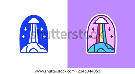 Earth planet, rainbow, and cloud, illustration for logo, t-shirt, sticker, or apparel merchandise. With doodle, retro, groovy, and cartoon style.