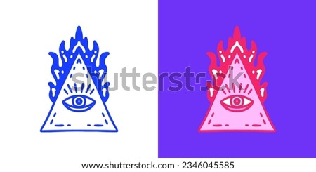Burning pyramid with one eye symbol, illustration for logo, t-shirt, sticker, or apparel merchandise. With doodle, retro, groovy, and cartoon style.