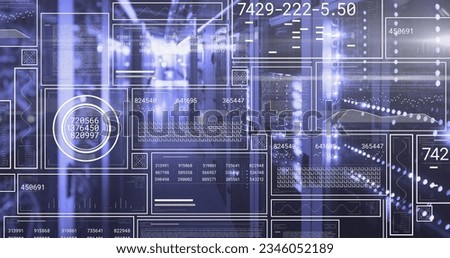 Image of hud screens with changing numbers, graphs, loading bars, circles over server room. Digital composite, multiple exposure, report, business, progress, technology and network server.
