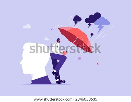Mental health protection concept, help for depression or anxiety, man using umbrella to protect human head from storm  Royalty-Free Stock Photo #2346053635