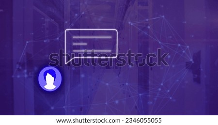 Image of icon with speech bubble and network of connections over server room. Global technology, social media and digital interface concept digitally generated image.