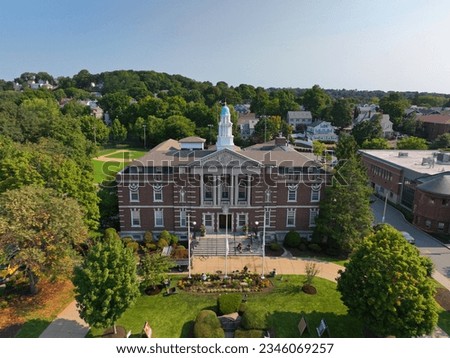 Watertown Town Hall aerial view at 149 Main Street in historic city center of Watertown, Massachusetts MA, USA.  Royalty-Free Stock Photo #2346069257