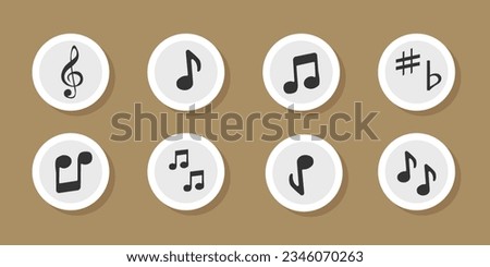 Music notation sticker vector set. Music notes icon flat vector set isolated on black and white background. Song, melody or tune vector illustration. Music note icon for musical apps and websites.