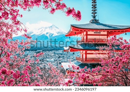 Famous Place of Japan with Chureito Pagoda and Mount Fuji  Royalty-Free Stock Photo #2346096197