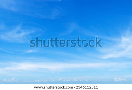 White сirrus clouds clear blue sky background, cirrostratus cloud, fluffy wispy clouds, cloudy skies texture, cloudscape backdrop, sunny heaven, cloudiness weather, overcast, ozone layer, copy space Royalty-Free Stock Photo #2346112511