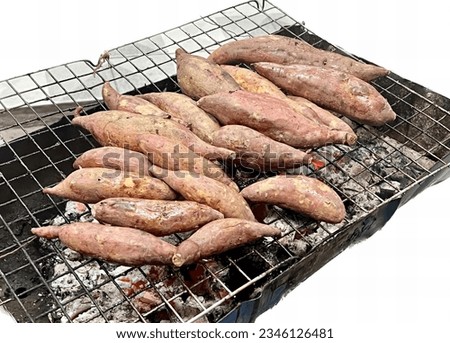 a photography of a grill with sweet potatoes on it, there are many sweet potatoes cooking on a grill on a grill.