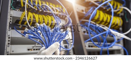 Close-up lots of RJ45 UTP Cat6 LAN internet network cable fiber optic and Lots of Ethernet cables for data link connect computer server networking devices system to switch or hub modem router. Royalty-Free Stock Photo #2346126627