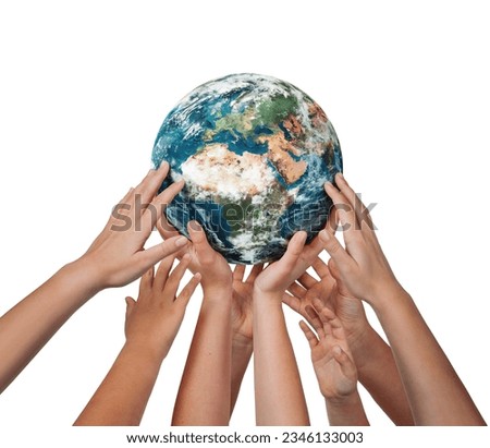 Many children hands holding planet earth isolated on white background Royalty-Free Stock Photo #2346133003