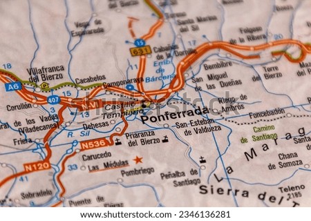 Ponferrada, Castile and Leon, Spain on a road map