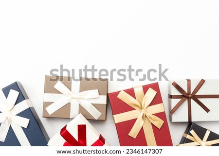 Many gift boxes on white background.