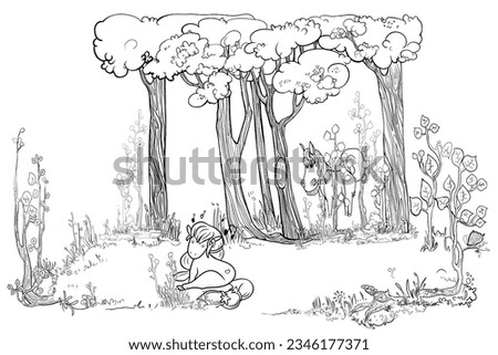 Ponies graze in a clearing in a fairy forest, little horses walk in the forest, illustration for coloring, for children