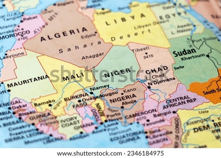 world map of africa with close up focus in niger, chad, Nigeria, Benin and Burkina Faso, Mali and Algeria Royalty-Free Stock Photo #2346184975