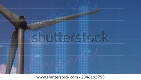 Image of financial graphs over wind turbine. green energy, eco power, finance and technology concept digitally generated image.