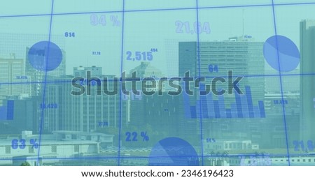 Image of financial data processing over cityscape. Global business, finances and digital interface concept digitally generated image.