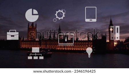 Image of business icons over london cityscape. Global business, finances and digital interface concept digitally generated image.