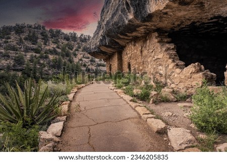 Walnut Canyon National Monument near Flagstaff, Arizona. Canyon protects cliff dwellings of Sinagua people. Island Trail provides access to cliff dwellings