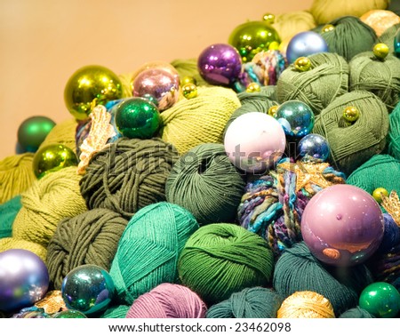 Christmas Decoration. Colorful Thread And Glass Balls Under The Light.