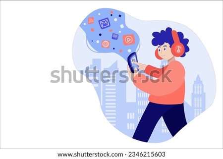 guy walking down the street on his head headphones with a cell phone in his hand, on the background of a big city. bubble with pop-up icons. line. vector