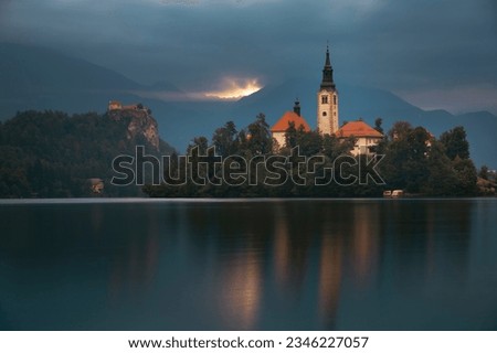 Lake Bled, Slovenia. Sunrise at Lake Bled with famous Bled Island