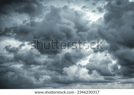 Dramatic, dark, blue cloudy sky overlay, Sky-overlays. Dramatic sky and lightning. Bad weather with dark clouds. Rain And Thunderstorm In Dramatic Sky,  Royalty-Free Stock Photo #2346230317