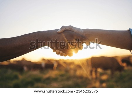 Welcome, handshake and people with b2b farm deal for agriculture, partnership or small business support. Thank you, shaking hands and farming collaboration for supply chain, trust and agro startup
