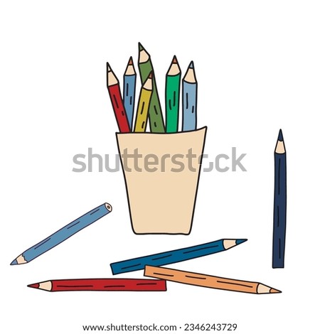 Pecil box with pencils. School doodle color element. Education back to school clip art