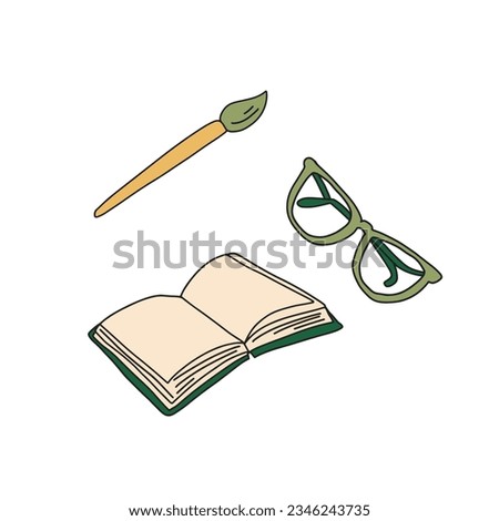 Open book with glasses and brush. School doodle color element. Education back to school clip art