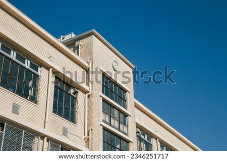 high school facade building in japan traditional style visible in cartoon Royalty-Free Stock Photo #2346251717