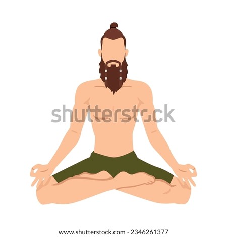 A man sits in a lotus position, does yoga, isolated on a white background. Hipster meditates. Flat vector illustration isolated on white background