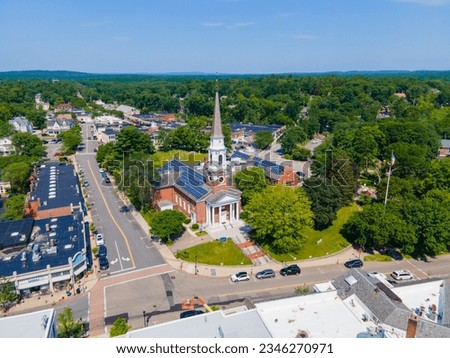 Aerial view of Wellesley Congregational Church and Central Street in town center of Wellesley, Massachusetts MA, USA. Royalty-Free Stock Photo #2346270971