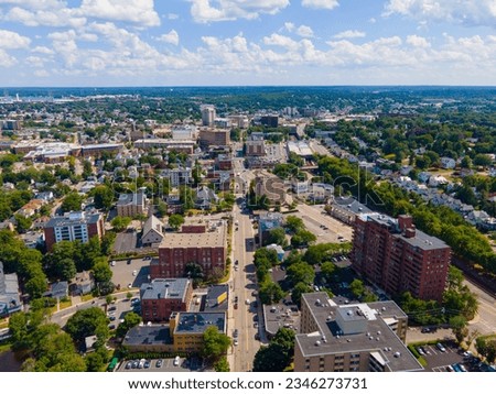 Quincy historic city landscape aerial view on Hancock Street in Quincy, Massachusetts MA, USA. Royalty-Free Stock Photo #2346273731